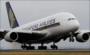 The Singapore Airlines A380 lands at Sydney International Airport, Oct 25.